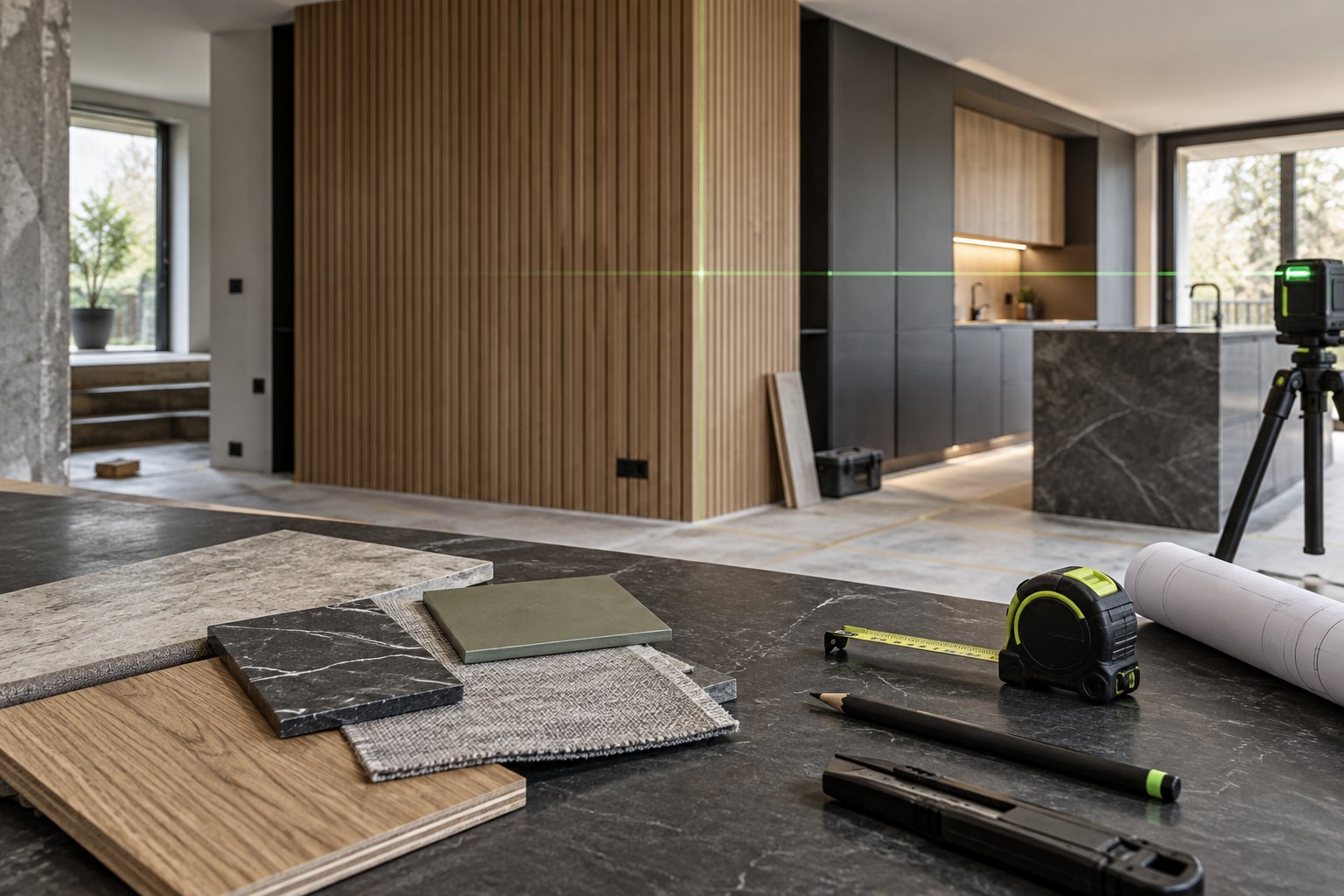Ambiente conceitual de renovação de interiores com materiais e ferramentas