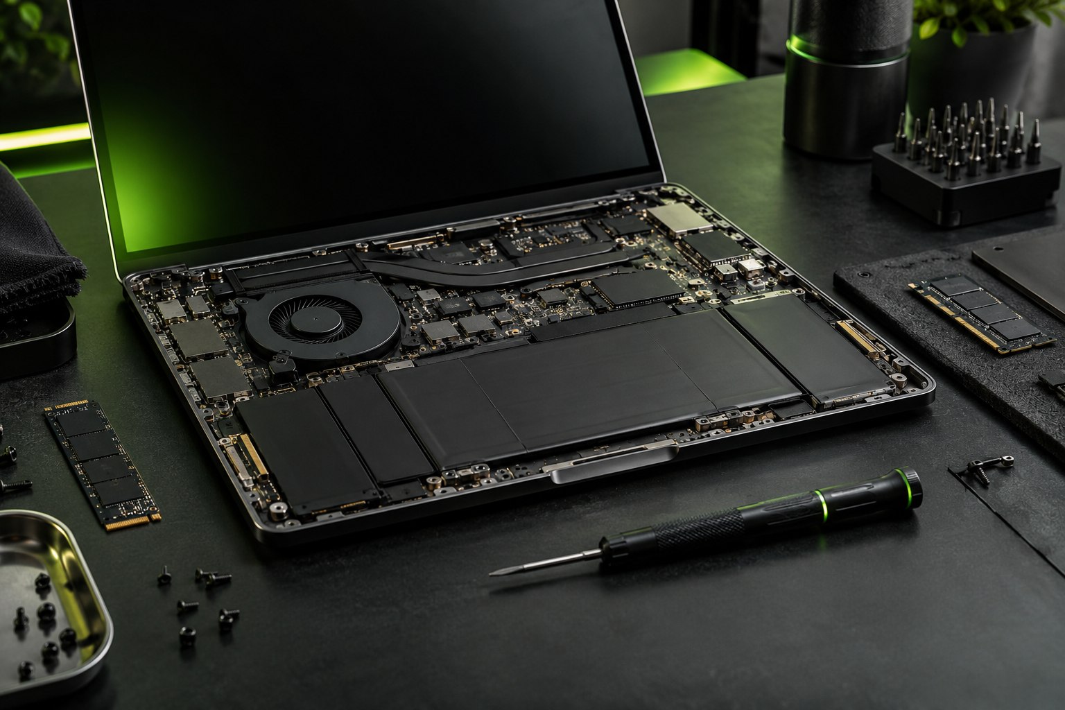Bancada conceitual de manutenção de um notebook com componentes eletrônicos